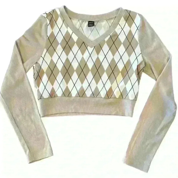 Juniors Shein Khaki Argyle Pattern Long Sleeve V Neck Cropped Top Size Small - Picture 5 of 10
